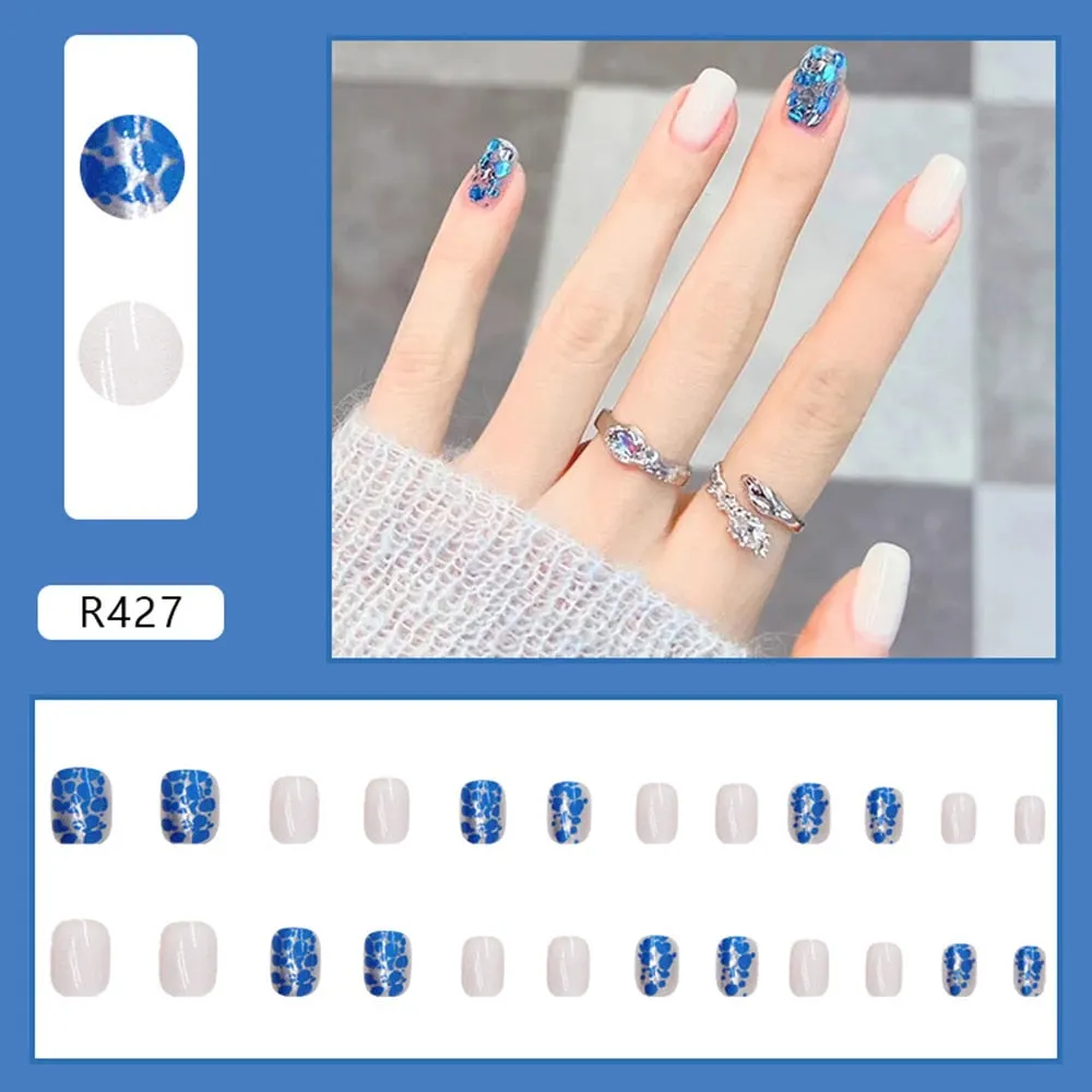 24pcs/box Blue Dye With Sequins Decorated press on nail tips Frosted Square Head Short Wearable Full Cover fake nails with glue-Nail Inspo