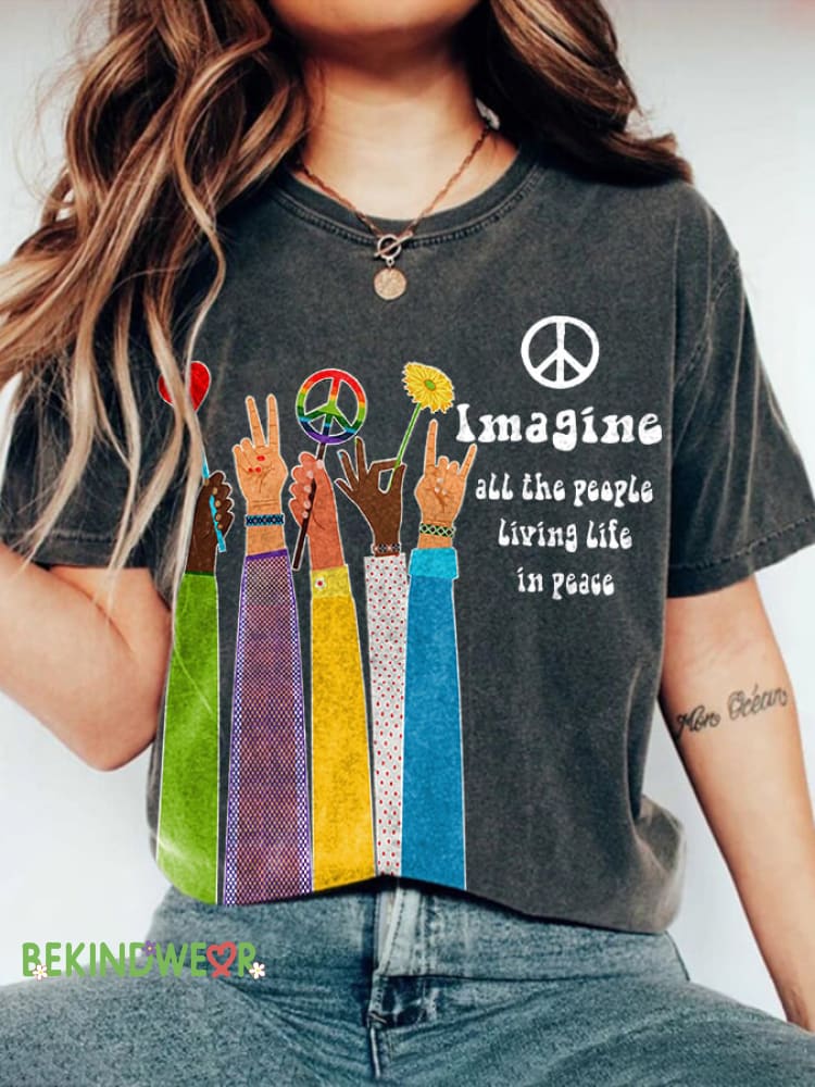 Retro Hippie Imagine All The People Living Life In Peace Print Shirt Dark Grey / S