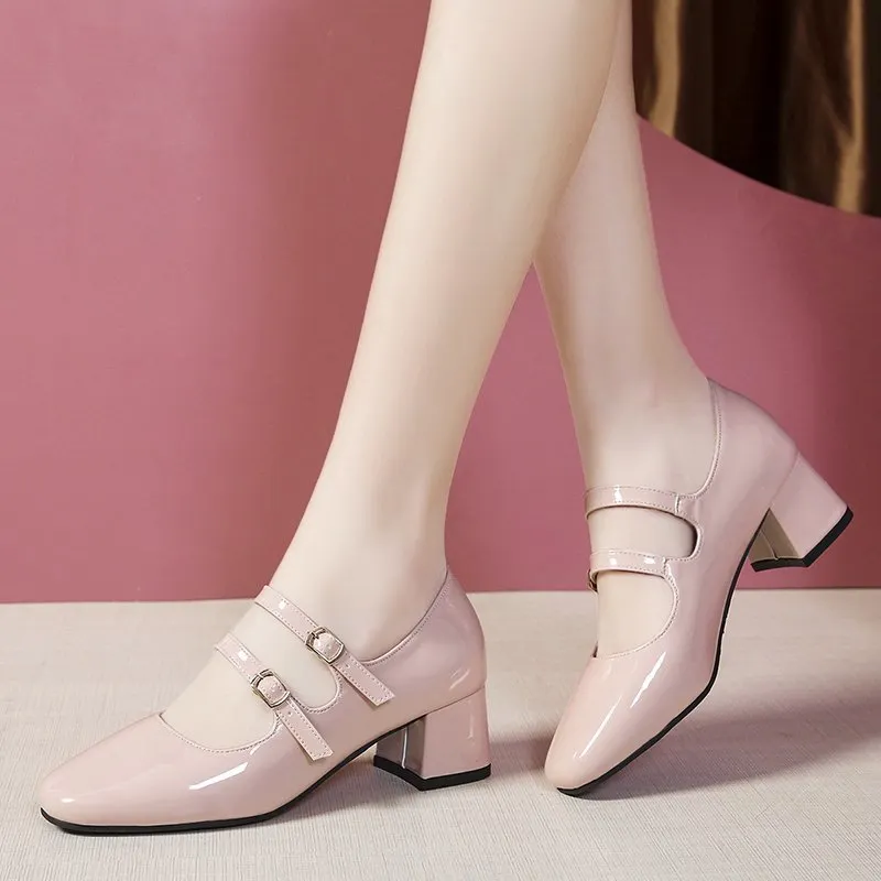 2021 Spring Autumn Women Double Buckle Mary Janes Shoes Patent Leather Dress Shoes High Heels Pumps Retro Ladies Shoe Black Red