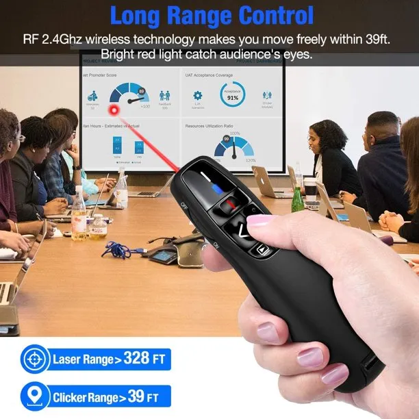 DinoFire Wireless Presenter Remote, RF 2.4GHz USB Presentation Remote Control PowerPoint Presentation Clicker for Keynote/PPT/Mac/PC
