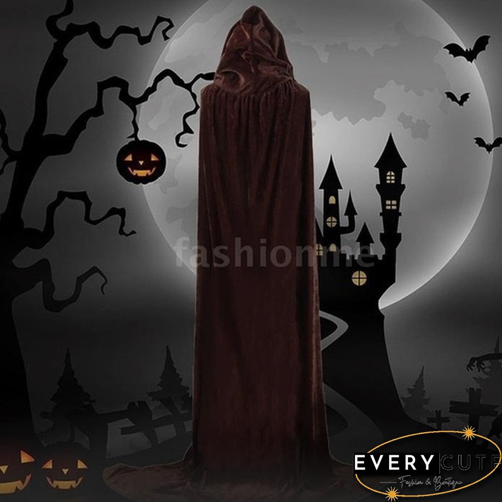 Adult Hooded Cloak Long Velvet Cape Robe Green Black Red Halloween Carnival Purim Coats Medieval Witch Wicca Vampire Costume