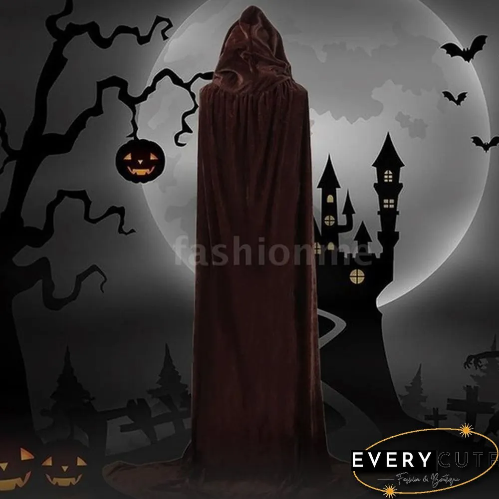Adult Hooded Cloak Long Velvet Cape Robe Green Black Red Halloween Carnival Purim Coats Medieval Witch Wicca Vampire Costume