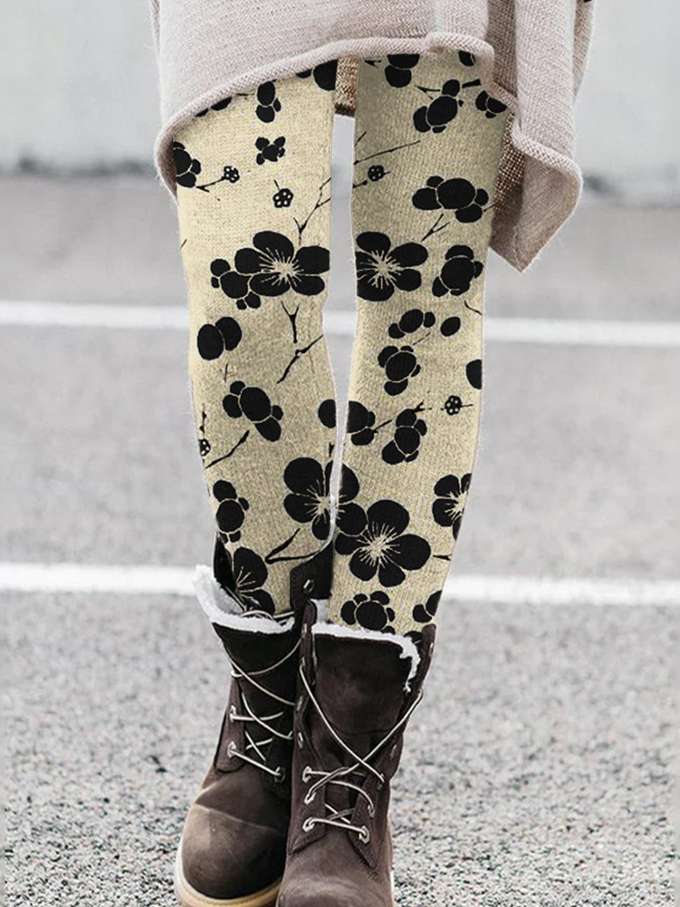 Cherry Blossom Japanese Lino Art Comfy Leggings artswardrobe