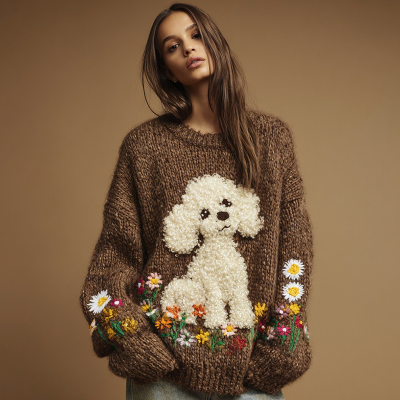 Vintage  Dog Colorful Wildflower Embroidery Crochet Cozy Knit Sweater