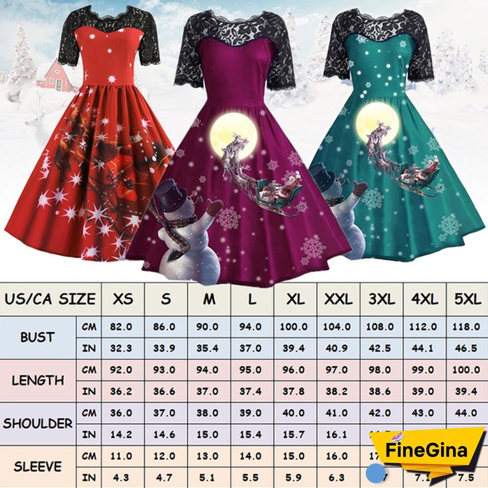Plus Size Fashion Women Pumpkin Snowflake Print Dress Short Sleeve Lace Dress Christmas Halloween Costume Knee Length Party Dresses