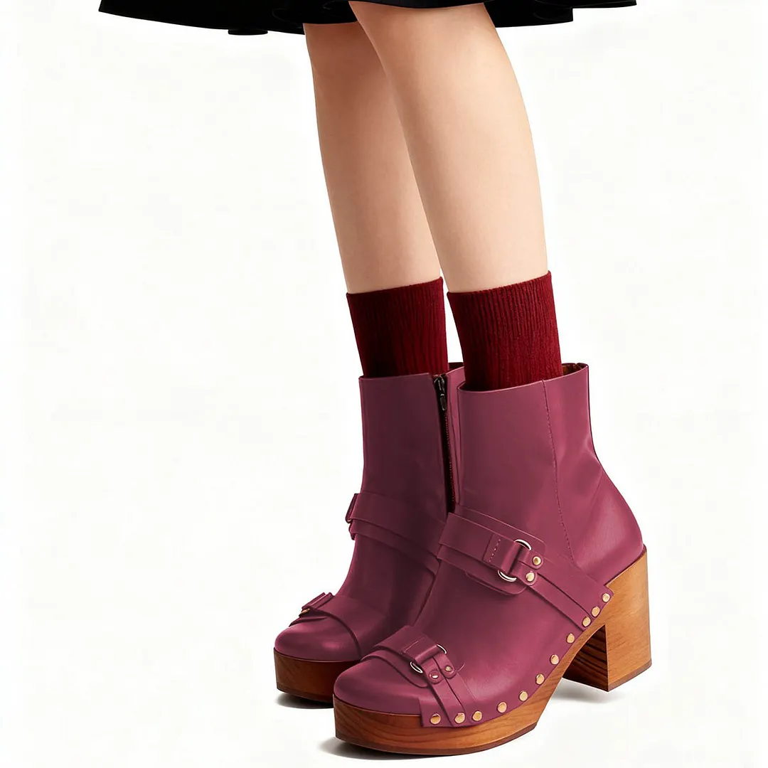 Studded Round Toe Mid Heel Zipper Fuchsia Ankle Platform Boots