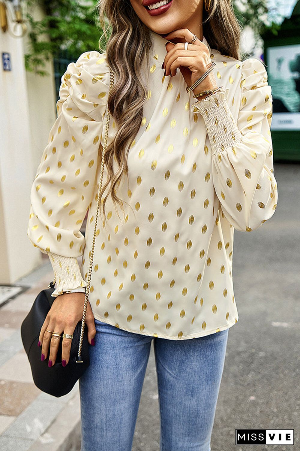 Elegant Polka Dot Fold Half A Turtleneck Tops