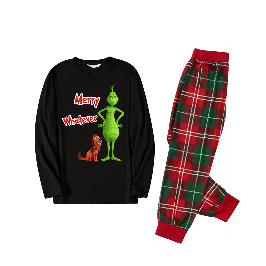 Cartoon Pattern and Christmas Slogan Printed Red and Green Plaid Family Matching Pajamas