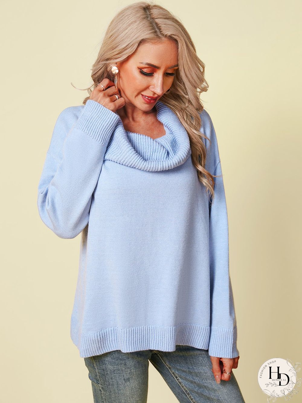 Women Casual Plus Size Tops Tunic Cowl Neck Sweater