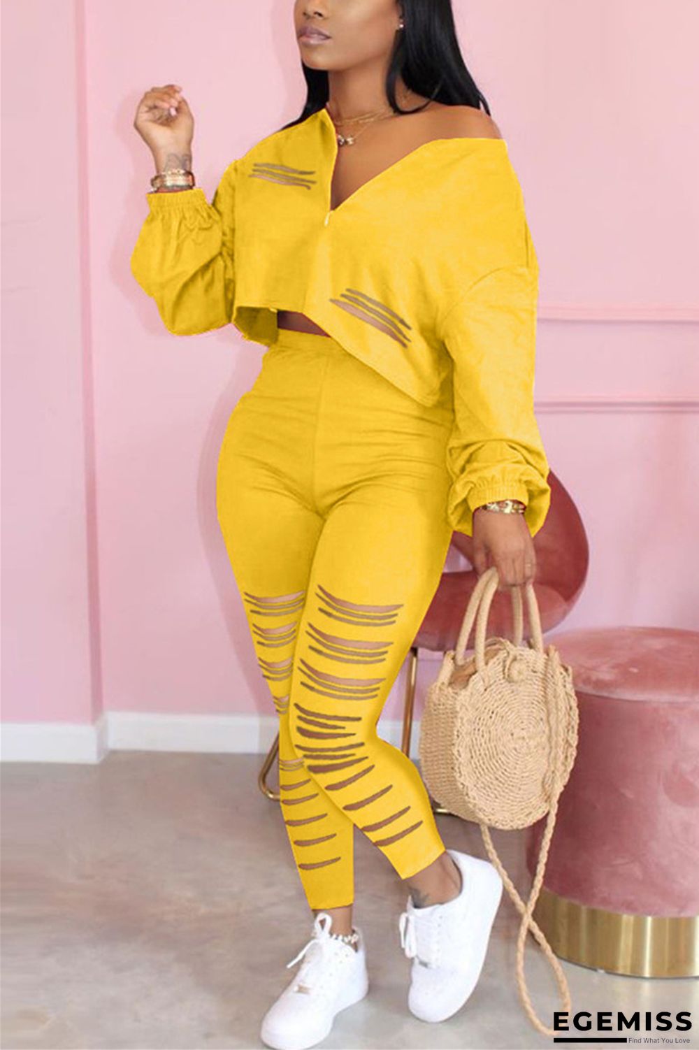 Yellow venetian Fashion Casual adult Ma'am Solid Burn-out Two Piece Suits pencil Long Sleeve Two Pieces | EGEMISS