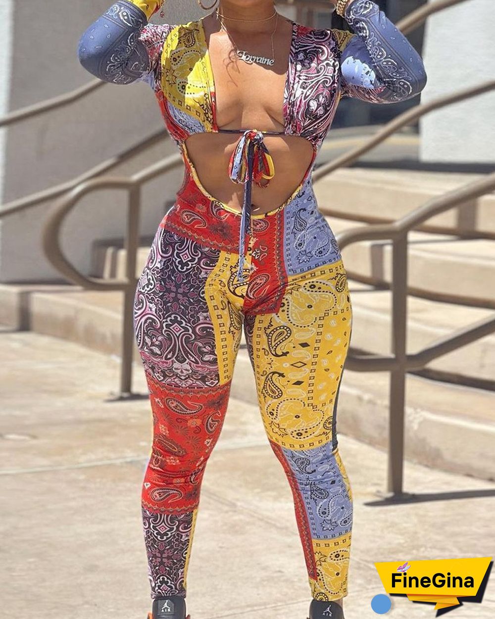 Paisley Print Tie Front Cut-Out Pencil Jumpsuit
