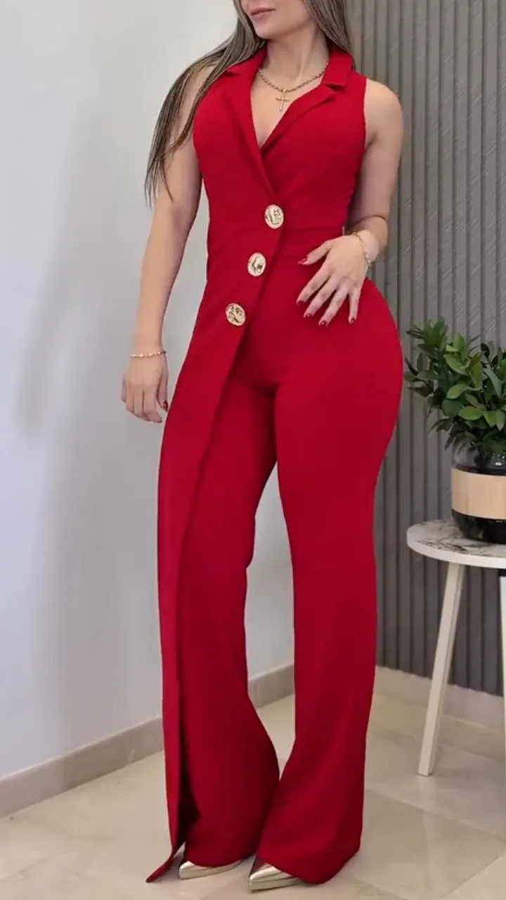 Women's Collared Button Irregular Faux Two-Piece Jumpsuit