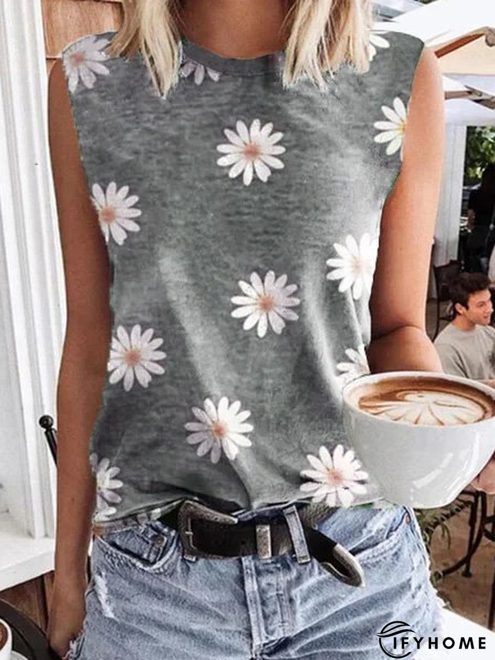 Sleeveless T-shirt with Daisy print round neck | IFYHOME