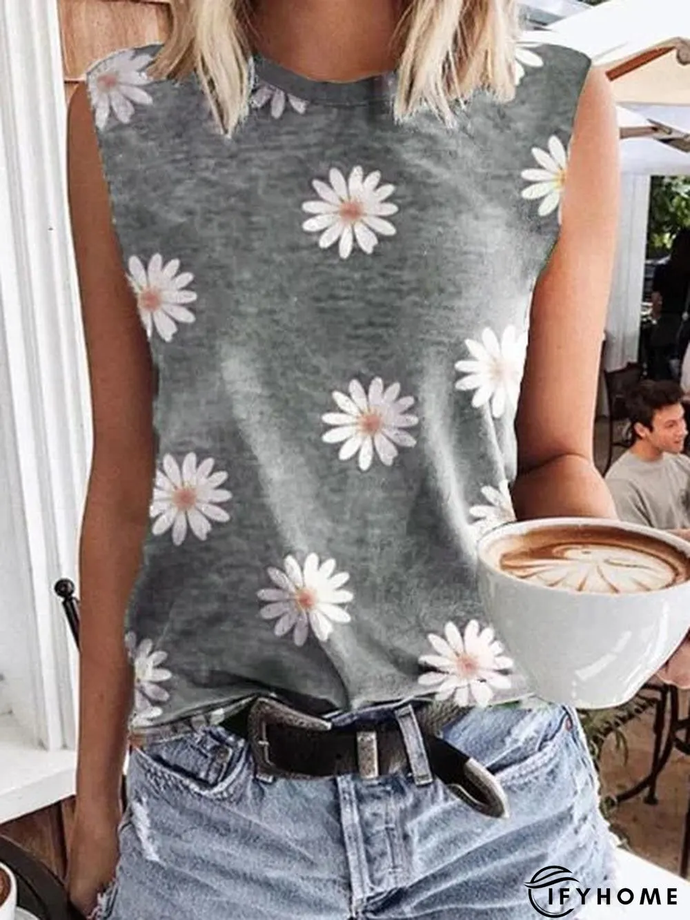 Sleeveless T-shirt with Daisy print round neck | IFYHOME