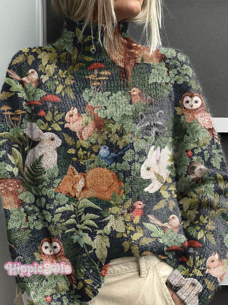 Women&rsquo;s Lovely Floral Animals Art Print Knit Turtleneck Pullover Sweater Multicolor / S