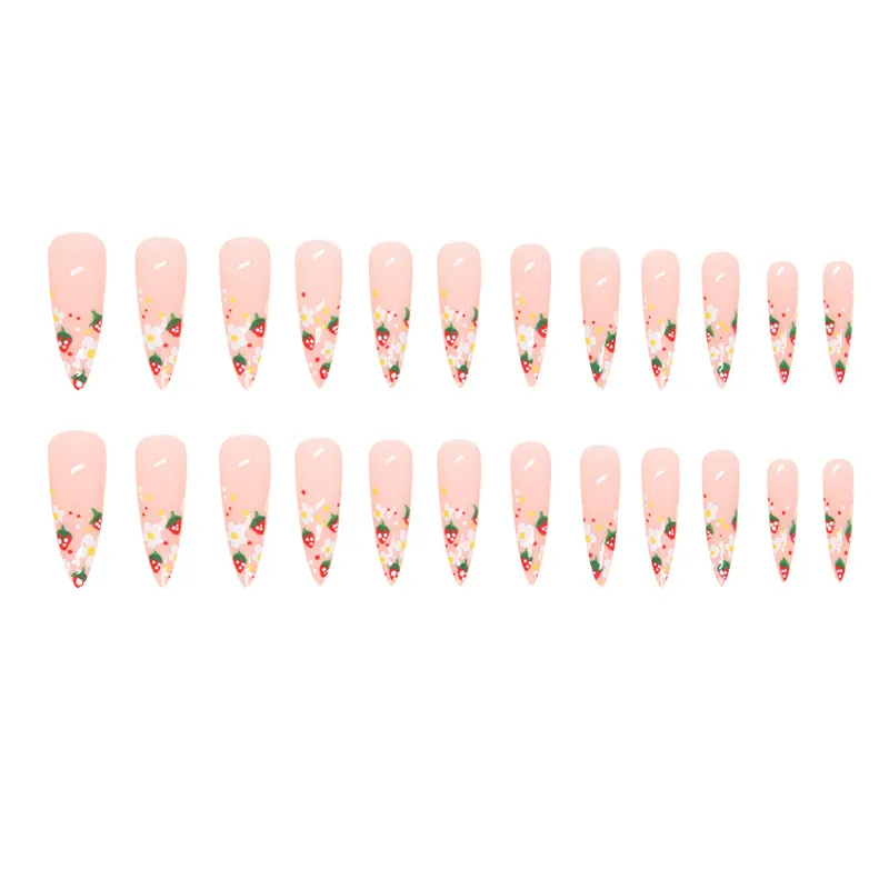 Churchf Churchf Pointed Nail Sweet Girl Lovely Strawberry Flower Flower False Nails Summer Childlike Innocence Nail Wear Nail