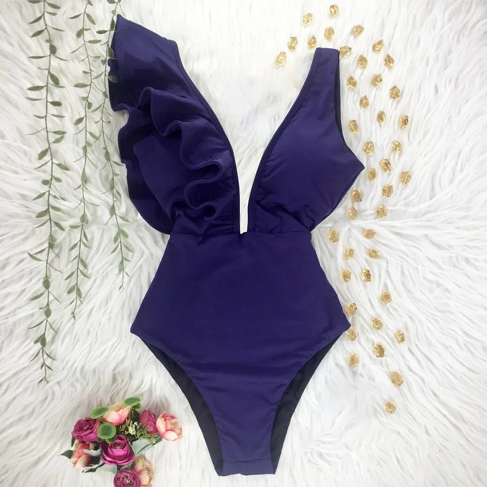 2022 New Sexy Ruffle Print Floral One Piece Strappy Slimming Swimwear Women Swimsuit Deep-V Bathing Suit Beach Wear Monkini