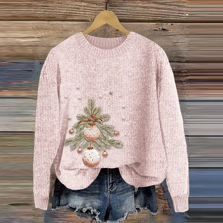 Women's Pink Christmas Tree Art Crew Neck Cozy Sweater