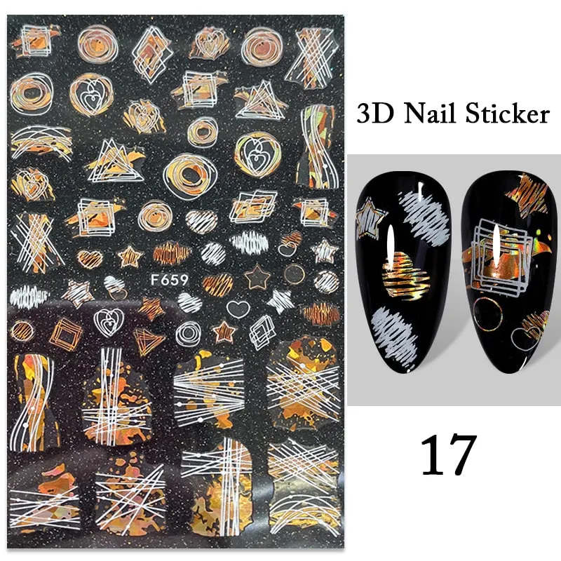 1PC iridescent Gold Black White 3D Nail Sticker Leaves Geometric Tropical Beach Decals DIY Slider Decoration Manicures-Nail Inspo