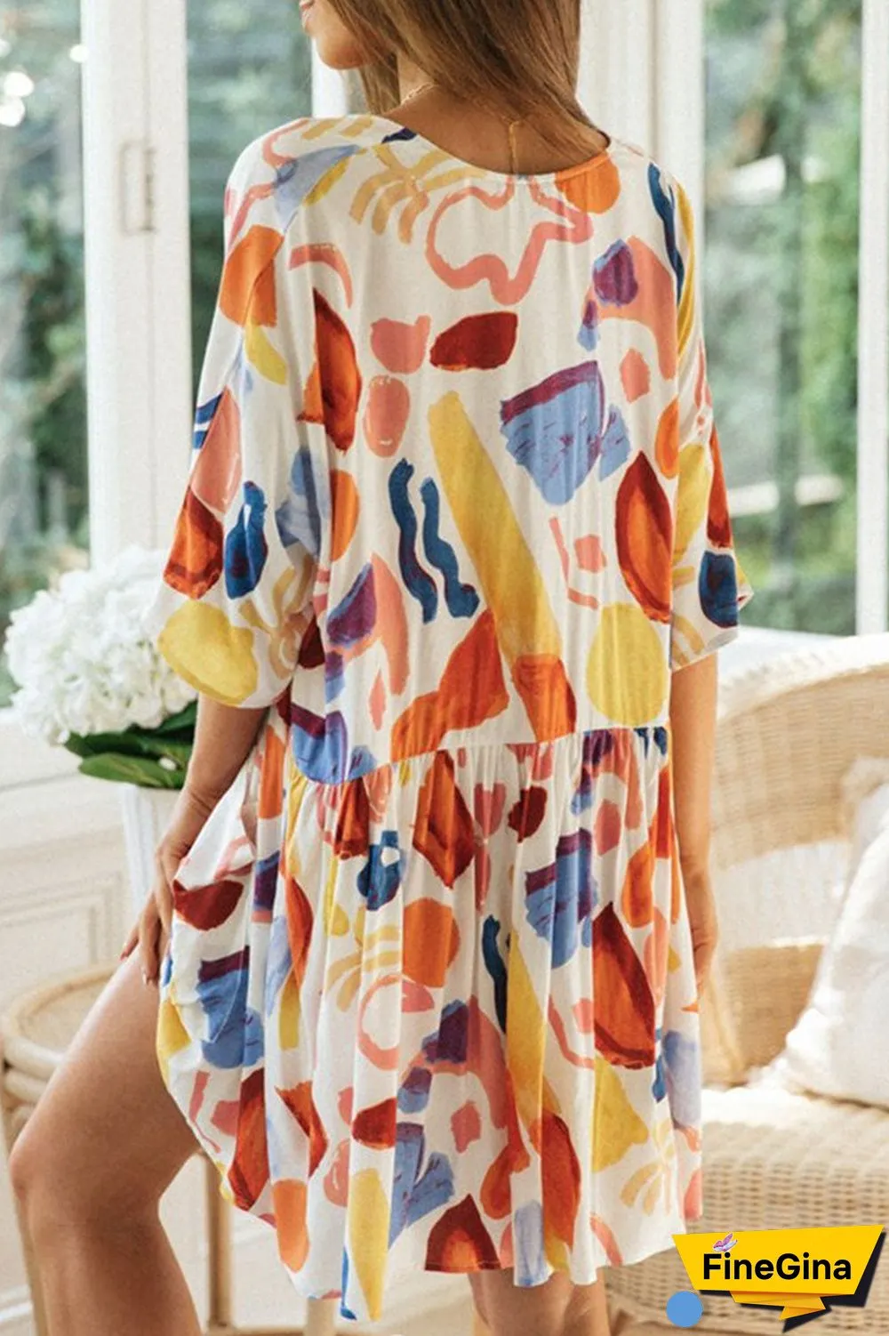 Fashion Street Print Split Joint V Neck Printed Dresses