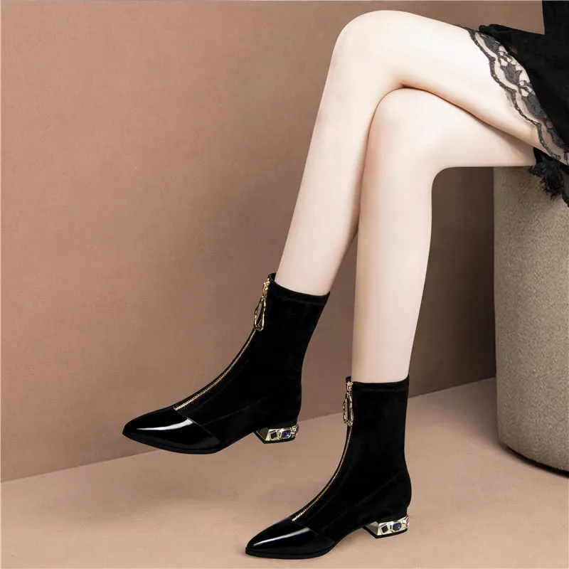 comemore New Women's Rubber Boots Zipper Booties Ladies Boots-women Crystal Ankle Pointy Shoes 2021 Stockings Autumn Rhinestone