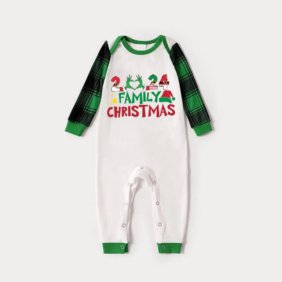 Cute Family Christmas 2024 Print Long Sleeve Top With Green & Black Plaid Christmas Matching Pajamas