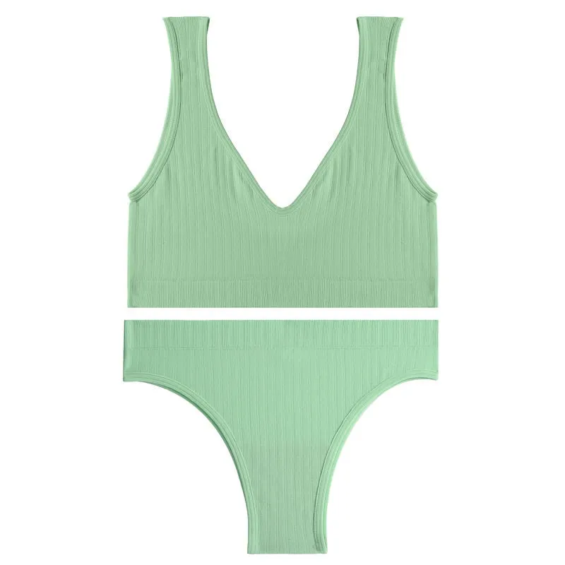 FINETOO Women Seamless Bra Set Deep V Tops Low-Rise Brazilian Panties Ladies Backless Top Soft Underwear Suit Female Lingerie