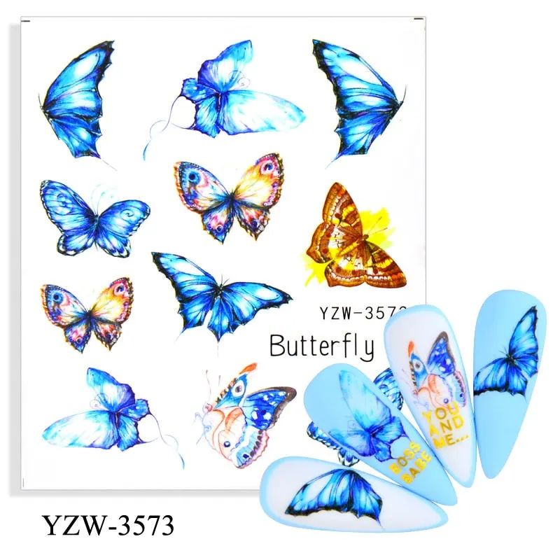 1pc Holographic Blue Nail Stickers Pink Colorful Butterfly Art Sticker With Adhesive DIY Extension Flowers Rose Nail Decoration-Nail Inspo