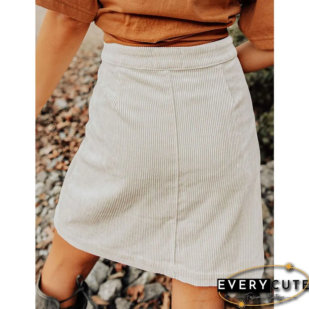 White Corduroy Button High Waist Skirt