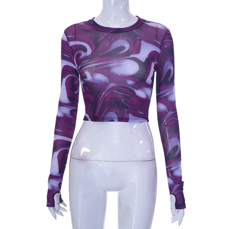 Churchf Spring New Round Collar Cover Print Open-Umbil Umbilical Cover Finger Long-Sleeved Casual Women's Top Sales