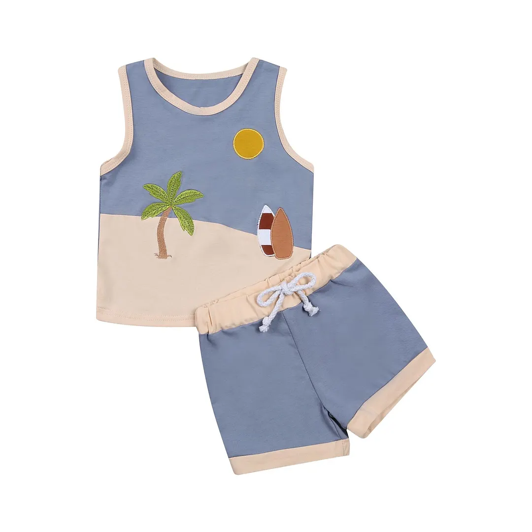 Children Baby Boys Embroidery Two Piece Set, Kid's Vest Tank Tops Waist Elastic Lace Up Shorts Beachwear Set 6M-5T