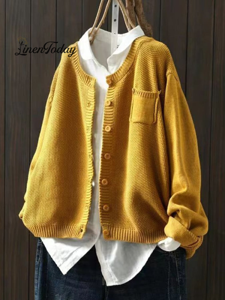 Women&rsquo;s Retro Art Loose Casual Button Front Sweater Yellow / S