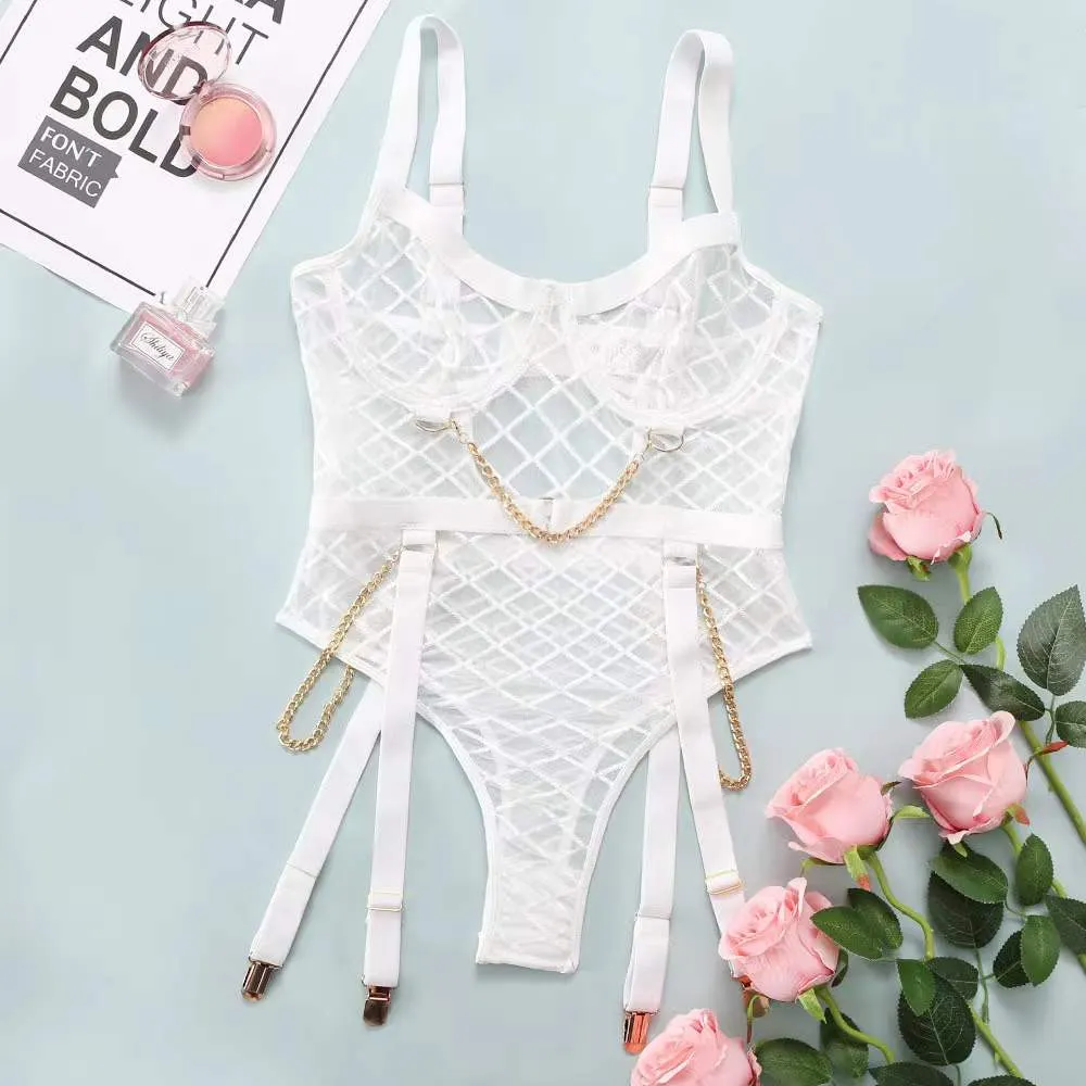 MIRABELLE Fishnet Bodysuit See Through Sexy Lingerie with Chain Garters Erotic Costumes Mesh Porn Body Lace Transparent Tights