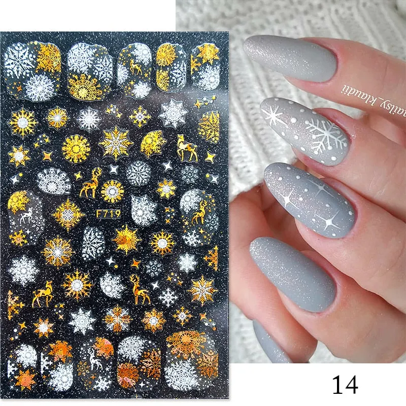 3D Christmas Nail Art Decoration Stickers Sparkly Gold White Colorful  Glitter Geometry Snowflake Winter Slider Nail Foils-Nail Inspo