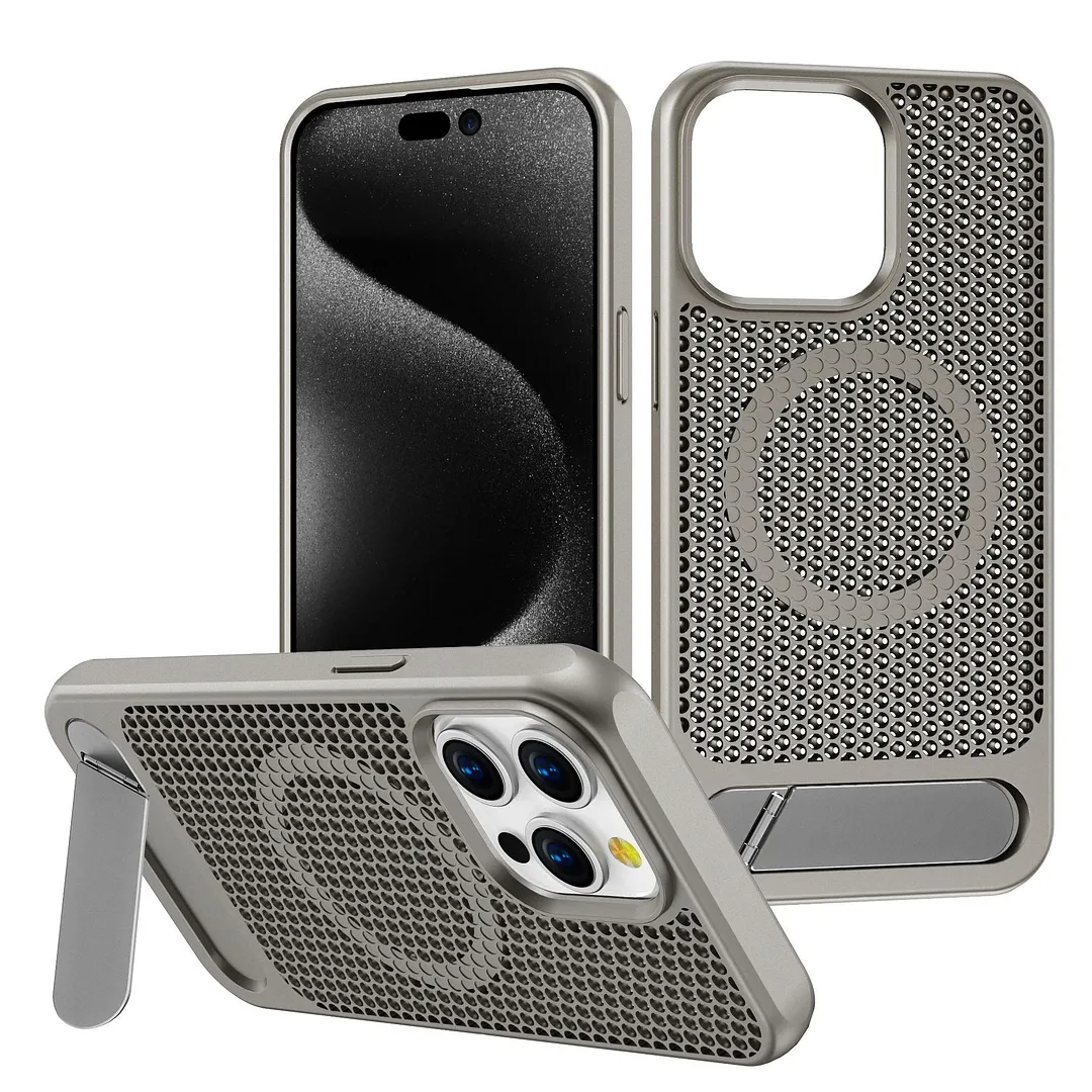Skeleton Heat Dissipation Breathable Mag Safe Magnetic Apple Acrylic Phone Case with Stand 13 to 15 ProMax