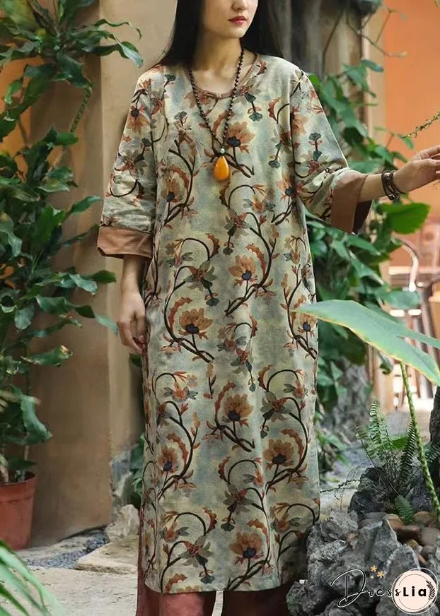 Women Brown Print Button Patchwork Cotton Dresses Bracelet Sleeve