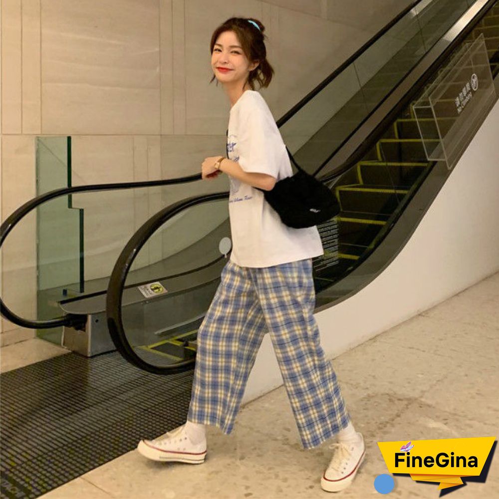Women Sets Short Sleeve Printed Simple T-Shirts Plaid Straight Elastic Waist Pants Casual Loose Chic Korean Style Daily New 2Xl