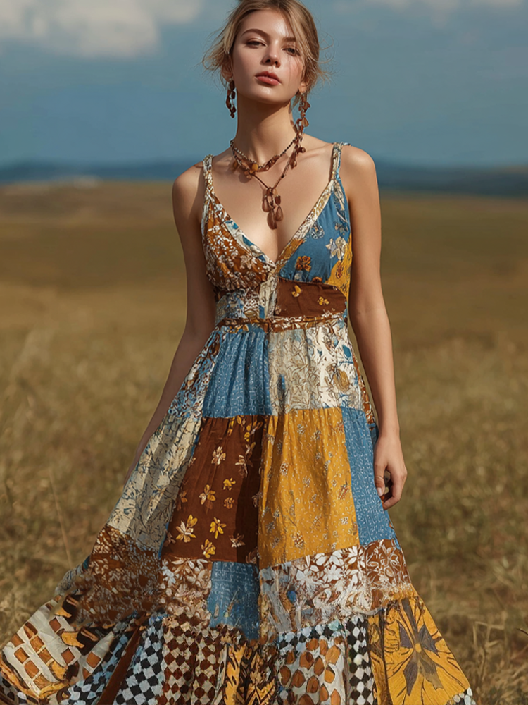 Retro Color Block Patchwork Design Plant Flower Pattern Printed Women's Linen Dress elevenforest