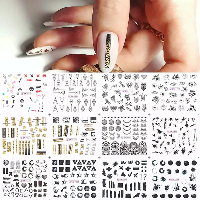 12Pcs Leopard Water Decals Sticker Hollow Floral Flower Leaves Geometry Water Transfer Watermark Foil Slider Decoration