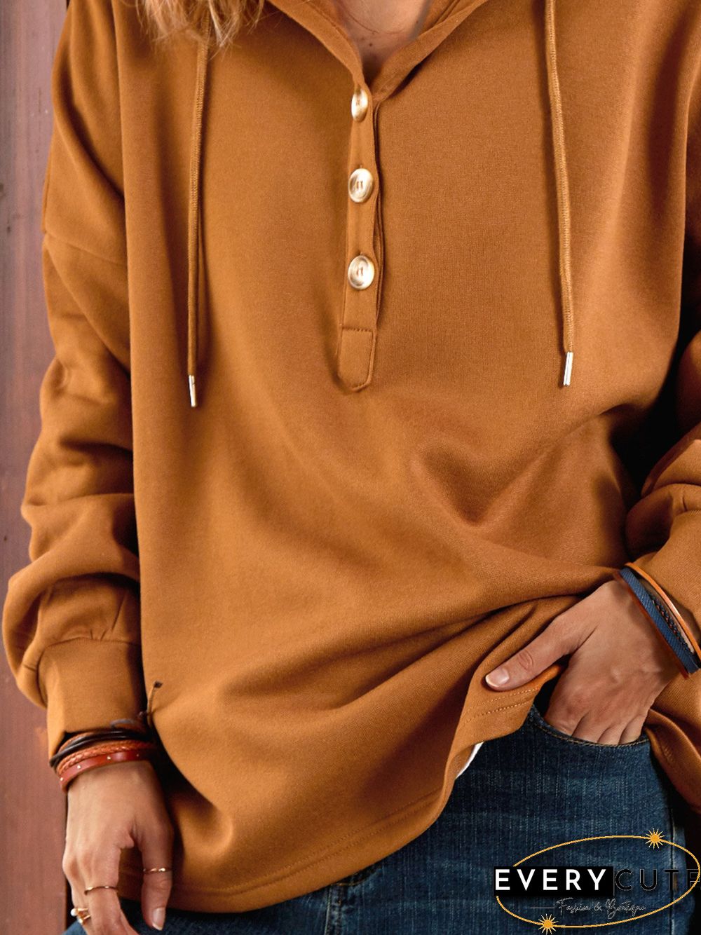 Khaki Long Sleeve Buttoned Sweatshirts