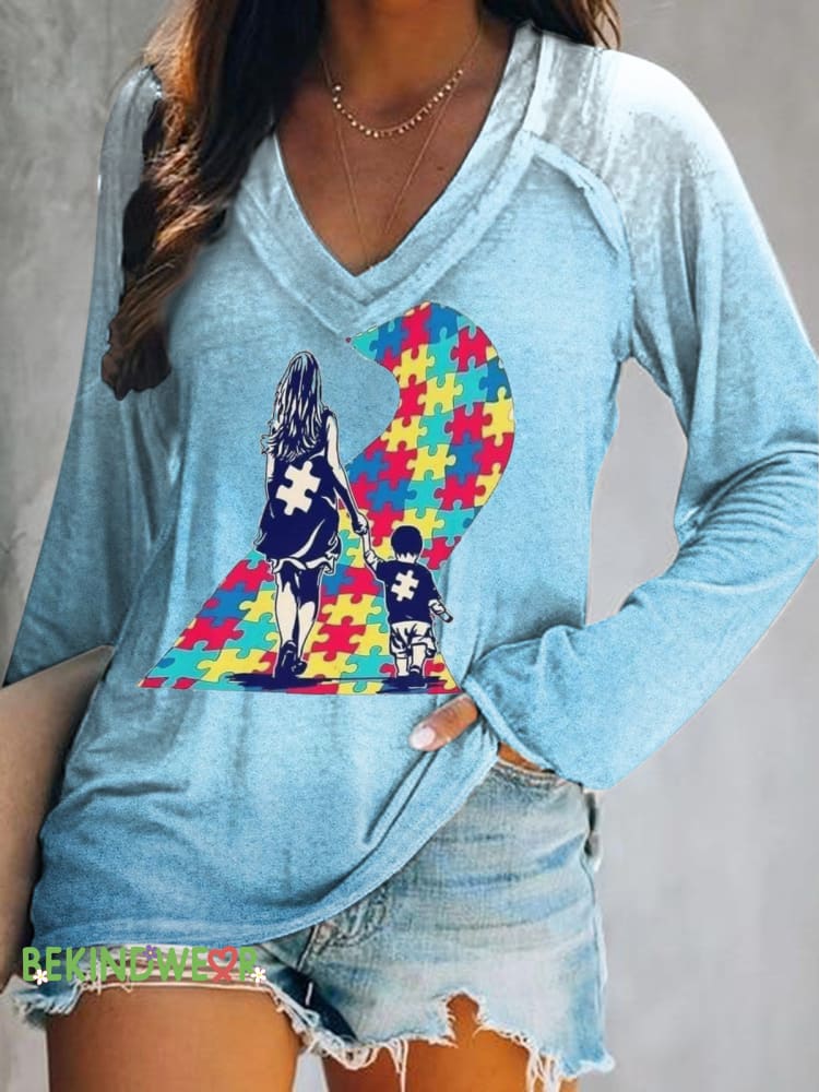Autistic Mother and Child Printed V-Neck Long Sleeve Top Multicolor / S