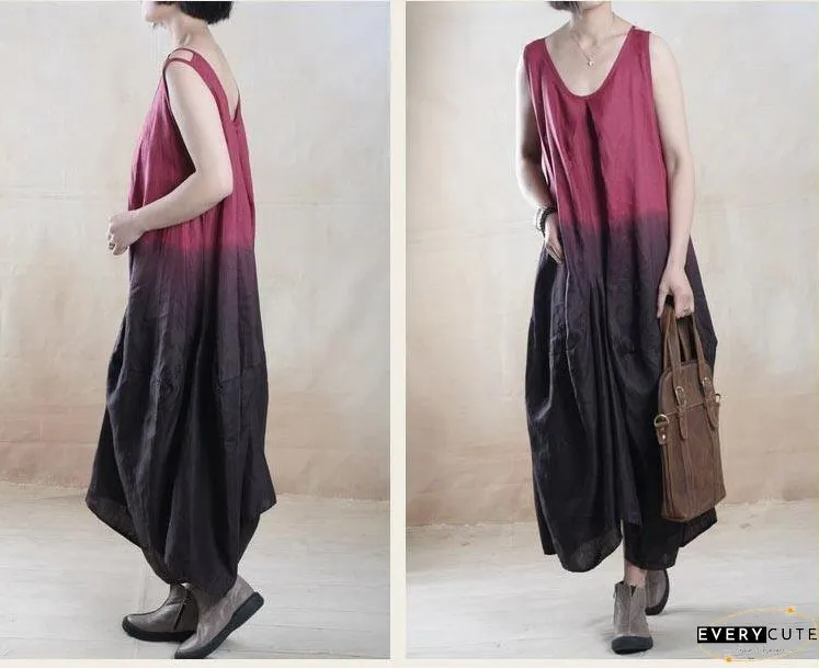 Burgundy gradient Asymmetric linen sundress plus size long maxi dress Two pieces
