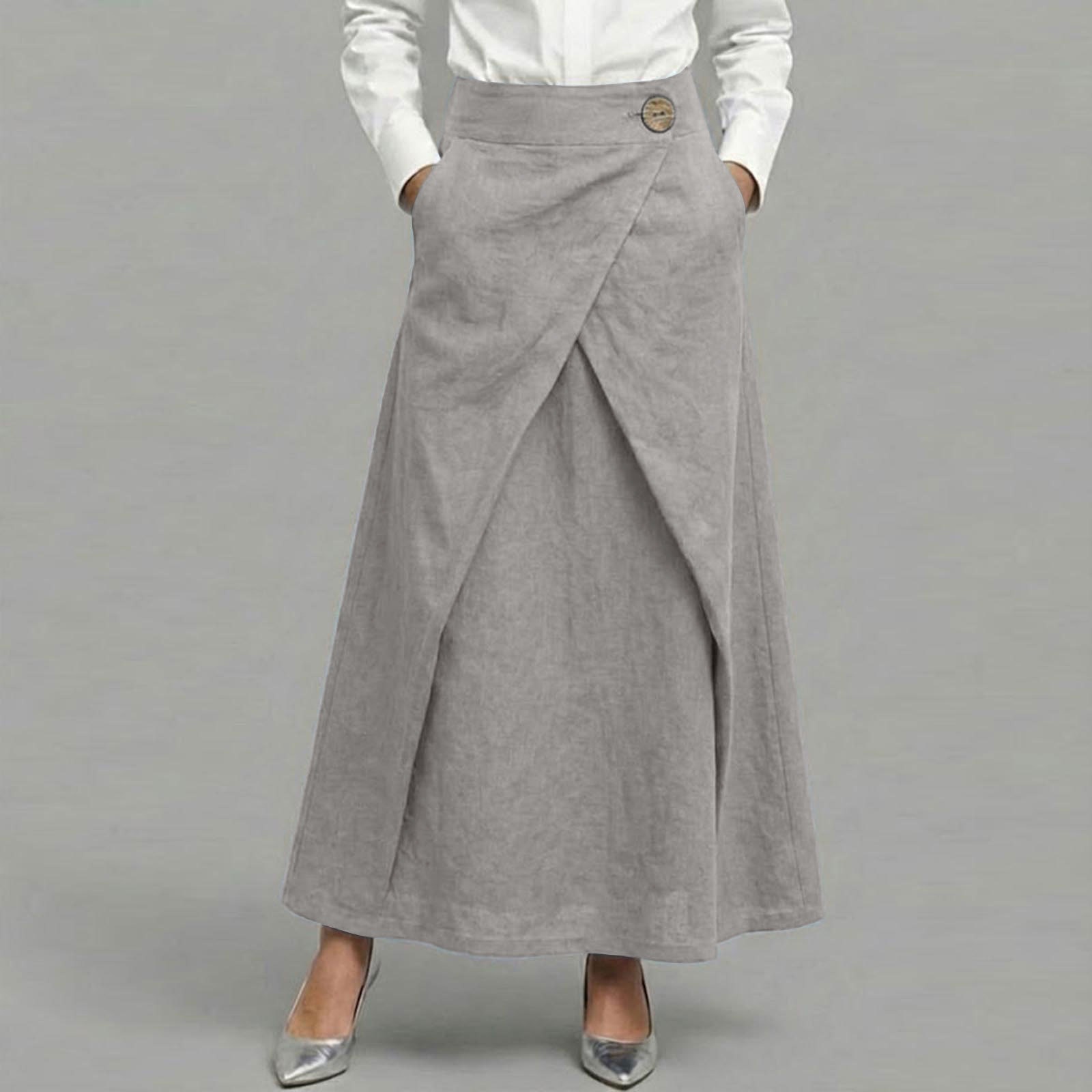 Comstylish Women's Casual Retro Slanted Button Cotton And Linen Skirt