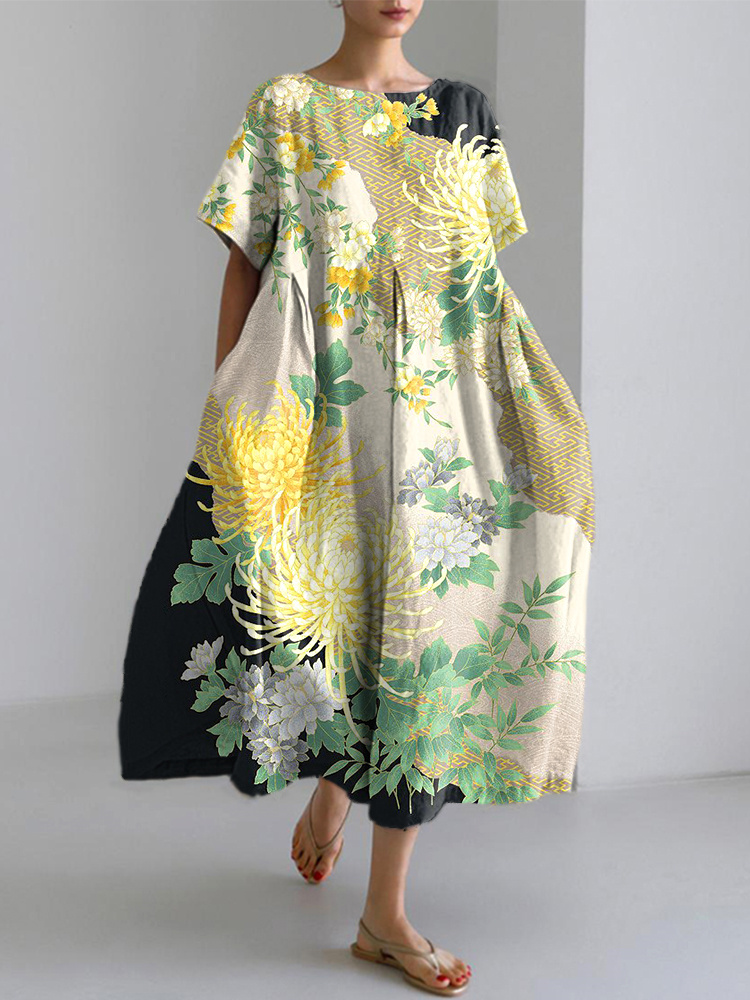 Japanese Floral Traditional Pattern Print Linen Blend Dress