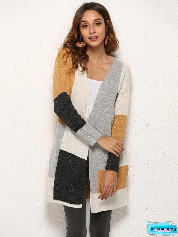 Color Matching Knitting Long Sleeves Cardigans Tops