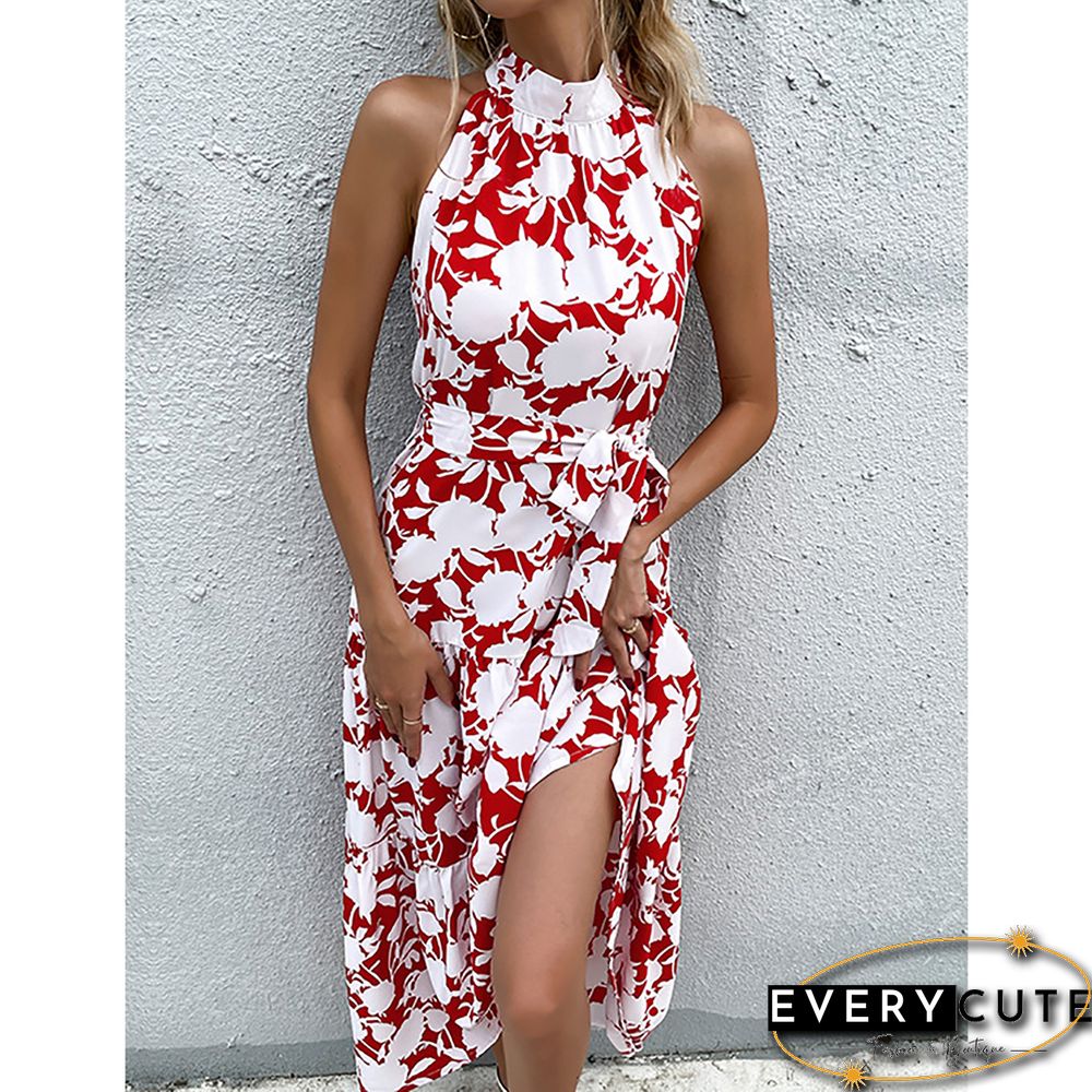 Red Floral Print Halter Maxi Dress