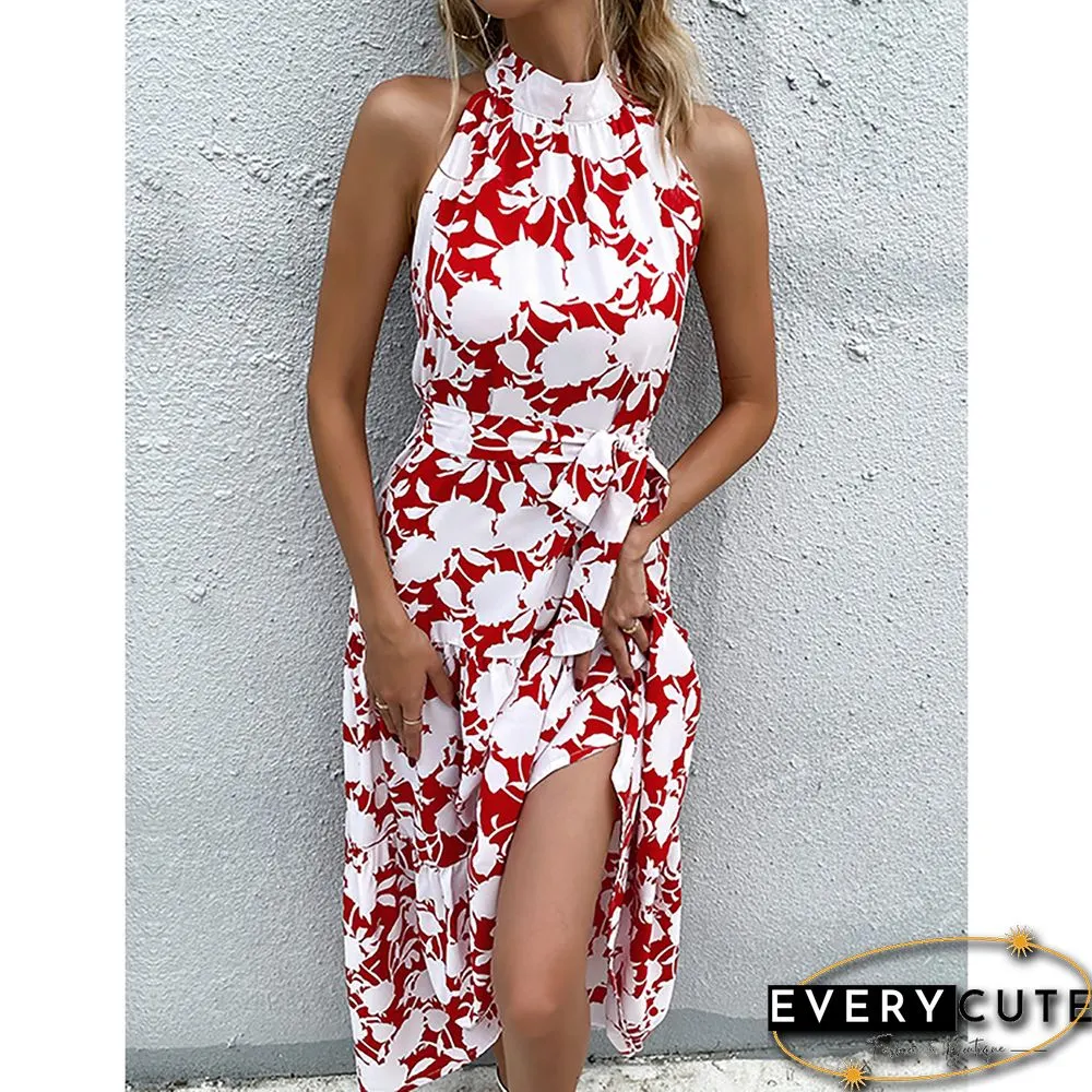 Red Floral Print Halter Maxi Dress