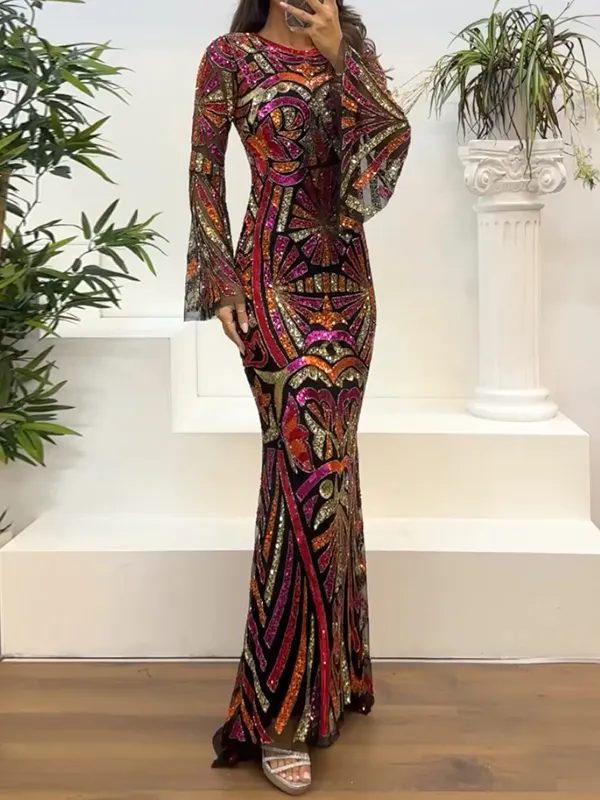Sequinned Flower Embroidered Mesh round-Neck Long Sleeves Wrap Maxi Dresses
