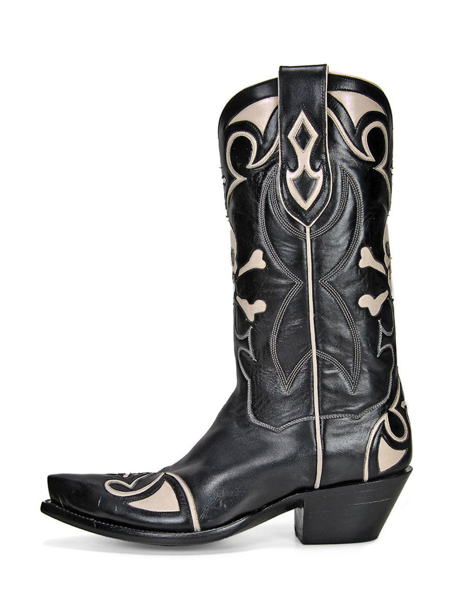 Black & White Inlaid Skull Snip Toe Mid-Calf Halloween Cowgirl Boots