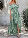 Printed Irregular Clipping Off-The-Shoulder Maxi Dress